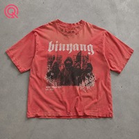 Kaos Pria Vintage 100% Katun Mineral Wash Destroyed Sun Faded Digital Print Merah Model Boxy Punk Distressed Lengan Pendek