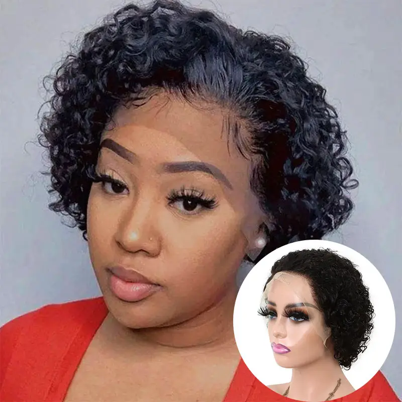 Wholesale Virgin Natural Color 13x4 Full Front Wig Short Pixie Cut Human Hair Wigs Curly For Black Women