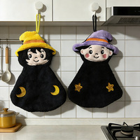 FF6197 Kain Lap Tangan Bahan Coral Fleece untuk Rumah Tangga, Hadiah Halloween, Penyihir Lucu, Kucing Hitam, Handuk Tangan Penyerap Air