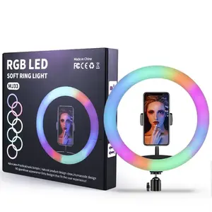 Lampu ring selfie dengan dudukan, cahaya pengisi RGB rotasi 360 profesional untuk ponsel dan kamera