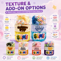 Kit de slime transparent à thème dans un gobelet, 6 styles, additifs de personnages mignons, non toxique, emballage personnalisé avec étiquette pour enfants, OEM ODM, vente en gros
