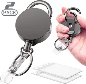 2 Bộ Hot Bán nhiệm vụ nặng nề có thể thu vào ID người giữ huy hiệu Với vành đai Clip Key Ring cho thẻ tên người giữ huy hiệu