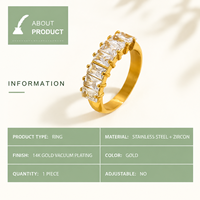 Bague en acier inoxydable couleur or et argent avec rangée de pierres baguette rectangulaires transparentes en zircon