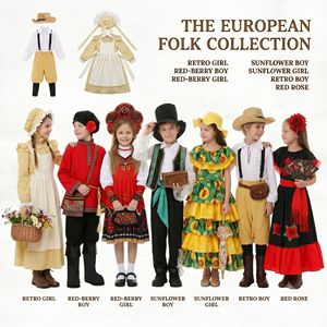 Traje folclórico europeo para niños, vestido retro con diseño de girasol y bayas rojas para actuaciones, fotografía de Halloween - Product Image 1