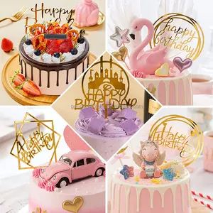 Calligrafia buon compleanno acrilico Cake Topper specchio d'oro acrilico Cake Top Sign