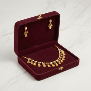 Ethnic Gold <b>Necklace</b> <b>Set</b> with Pearl Strand Coin Fringe Design Red Green Stone Embellishment and Stylish Matching Earrings - Product Image 1
