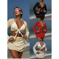 Maillot de bain quatre pièces personnalisé, couleur unie, sexy, pour l'été et les vacances à la plage, avec tankini bandeau, jupe à cordon et décolleté plongeant en V