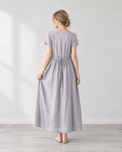 Leinen-Baumwoll-Maxikleid für Damen, locker geschnitten, Kurzarm, fließender Kaftan-Stil, elegantes Freizeitkleid mit Taschen, B2B Großhandelslieferant - Product Image 3