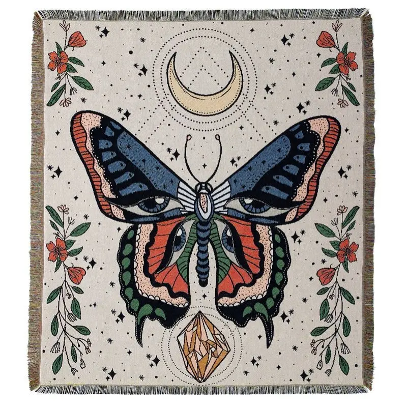 Wholesale Natural Wild Butterfly Woven Beach Blanket Outdoor Picnic Love Letter Custom Anime Woven Throw Tapestry Blanket