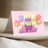 Carte de vœux personnalisée Xieli Vietnam, motif gâteau et ballons en aquarelle, pour anniversaire d'enfants, avec message de remerciement