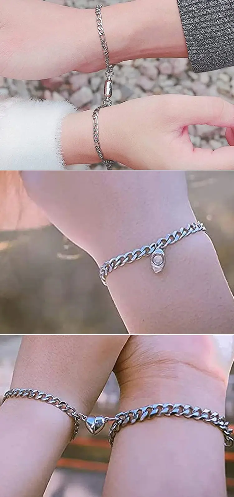 wholesale fashion heart couple bracelet stainless steel cuban chain magnetic bracelet for couples