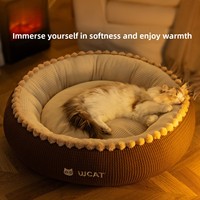 Cama Redonda para Gatos con Diseño de Waffle en Dos Tonos, Borde con Flecos de Pompones, Suave, Lavable, Anti-Ansiedad, con Logotipo WCAT