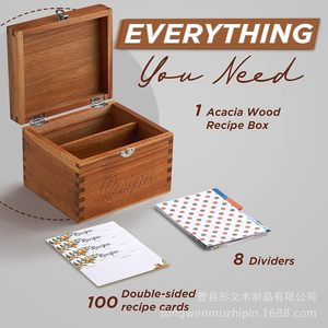 Wooden Recipe Card <b>Storage</b> <b>Box</b> Solid Wood Rectangular Covered With Compartments <b>Kitchen</b> Organizing - Product Image 4
