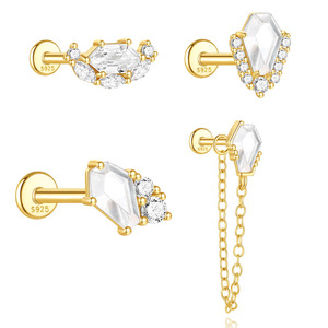 CANNER 16G S925 <b>Gold</b> Plated Sterling Silver Rhombus White Zircon <b>Flat</b> <b>Back</b> Threaded <b>Flat</b> <b>Back</b> Fringe Claw Stud Body Jewelry - Product Image 1