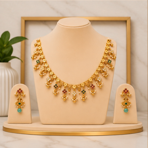 Conjunto Clásico de Collar y Aretes de Oro de 24K con Incrustaciones de Perlas y Piedras Preciosas para Mujer, Joyería de Boda - Product Image 4