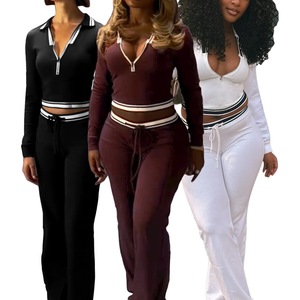 Completo in Maglia a Nido d'Ape da <span class=keywords><strong>Donna</strong></span>, Tuta Sportiva con Maniche Lunghe, Felpa con Zip e <span class=keywords><strong>Pantaloni</strong></span> a Zampa <span class=keywords><strong>Larghi</strong></span>, Set Due Pezzi per il Tempo Libero - Product Image 1