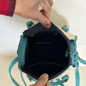 Premium Hair On Cowhide <b>Genuine</b> Leather Small Speedy Duffel Bags Luxury Turquoise Stone Concho Crossbody Handbags For Unisex - Product Image 6