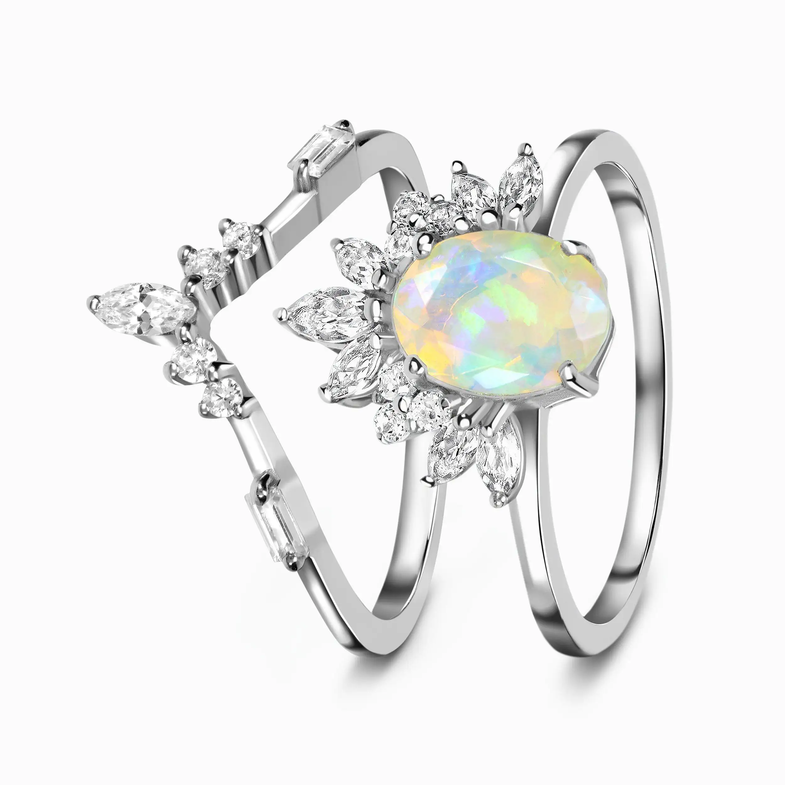 Natural Quartz Stone Jewelry 925 Sterling Silver Natural Opal Jewelry White Topaz Faceted Opal Ring Set