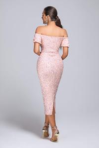 BEISHI देवियों Bodycon गुलाबी मिडी सेक्विन कपड़े महिलाओं पार्टी सुरुचिपूर्ण बंद कंधे पोशाक - Product Image 3