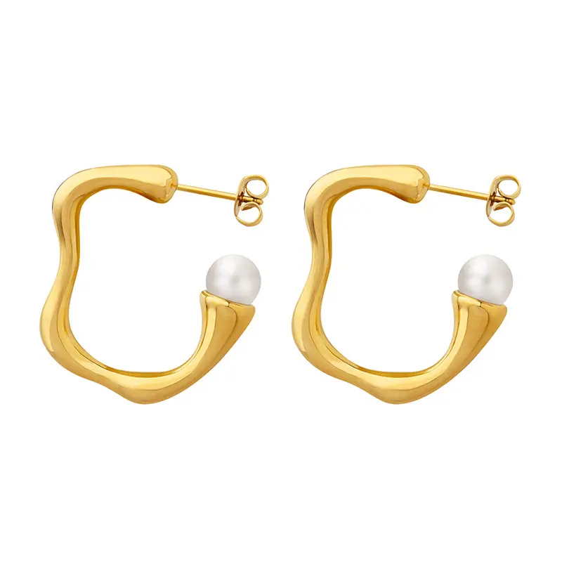 Fashion French Style 18K Gold Plated Imitation Pearl Hoop Earrings Delicate Irregular Shape Geometric Stud Earrings for Girls