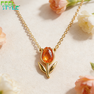 <span class=keywords><strong>Collana</strong></span> con Pendente a <span class=keywords><strong>Tulipano</strong></span> in Zircone Arancione Rosato 5A, Catena a O in Acciaio Inossidabile 316L Placcato Oro PVD Personalizzato, Ciondolo a Fiore - Product Image 1