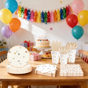 DAMAI Tea Party Kids Birthday Party Supplies Butterfly Flower Element <b>Disposable</b> Party <b>Tableware</b> Set Paper Napkins Cups Plates - Product Image 1