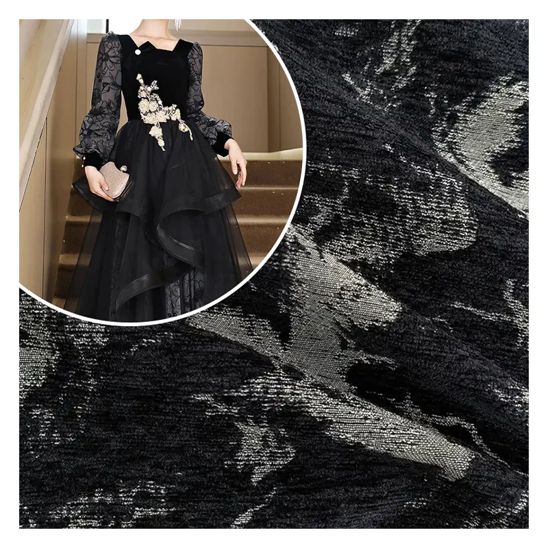 Popüler lüks Polyester ve elbiseler için şönil iplik boyalı dokuma çiçek tasarım brokar jakarlı kumaş