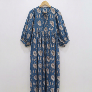 Robe Midi Bohème Femme 100% Coton Imprimé Floral Sans Manches Col Noué Coupe Ample Silhouette Évasée Formelle Bureau Respirante Naturelle - Product Image 1