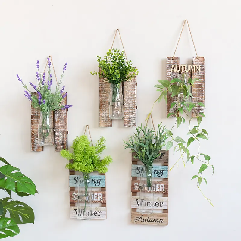 American country painted wooden hydroponic wall hanging creative plant vase container living room wall decoration pendant