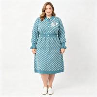 Robe pull en tricot sur mesure pour femmes grandes tailles, col Peter Pan, rayures jacquard, poignets à volants, demi-boutons, ceinture, robe midi