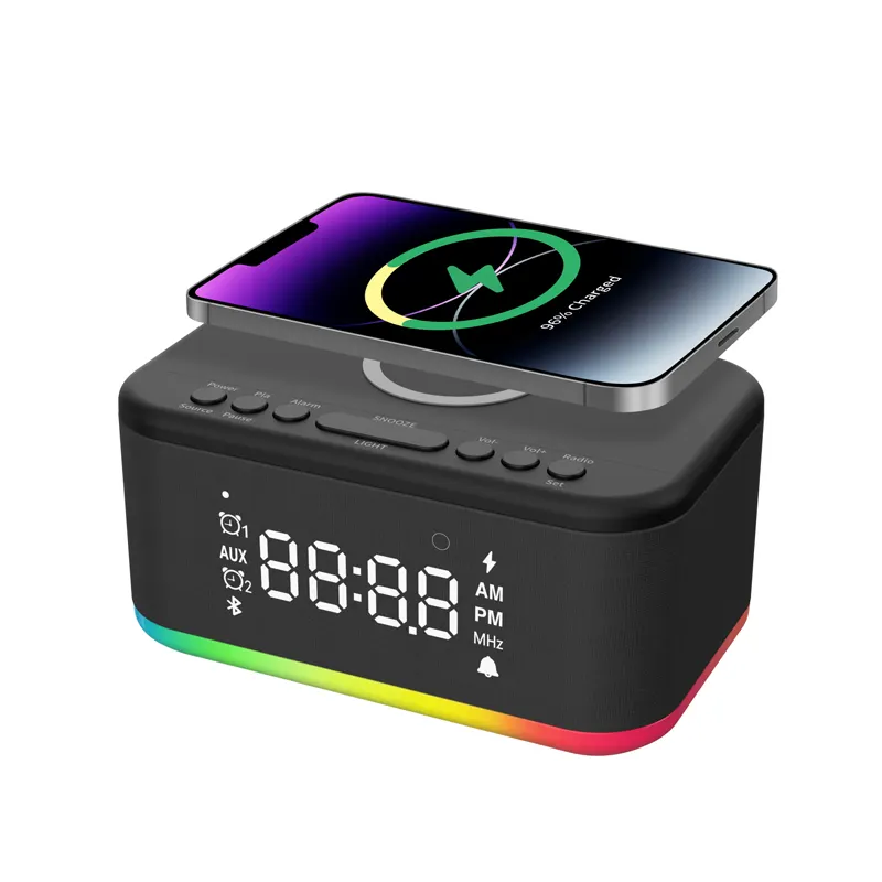 FANSBE Custom Home Bedside Hotel Wake Up RGB LED Night Light 15W Wireless Charger Digital Alarm Clock Speaker Bluetooth