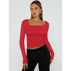 Haut court à manches longues pour femme, col carré, doux, extensible, idéal pour l'entraînement, en coton et élasthanne tricoté - Product Image 2