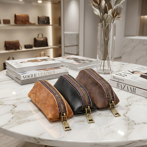 WRIZA Porte-monnaie vintage en cuir véritable avec fermeture éclair, petit portefeuille fait main pour clés et pièces de monnaie, disponible en marron, noir et beige - Product Image 5