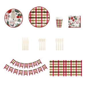 DAMAI Customized Christmas Party Tableware Set Disposable Plaid <b>Pattern</b> <b>Paper</b> Plate Cup Napkins Decoration Christmas Supplies - Product Image 3
