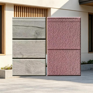 Panneau sandwich en métal isolé en PU, gris argenté, à motif bois horizontal et stuc rose, avec âme en mousse ignifuge, pour bardage de <span class=keywords><strong>maison</strong></span> préfabriquée - Product Image 1