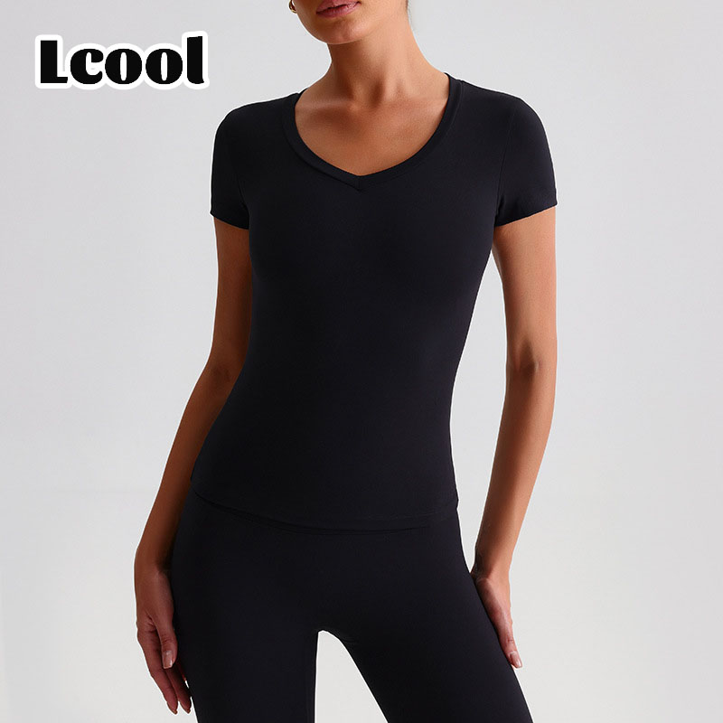 Lcool Women's Casual V Neck Yoga Top Quick-Drying Fitness Shockproof Tight Short Sleeved T-Shirt Workout Gym Fitness Wear