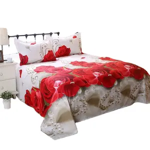 Set seprai tempat tidur motif mawar merah besar, set seprai pernikahan gaya alami tahan air 3D