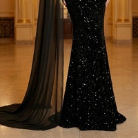 Robe de soirée noire à sequins argentés, bustier, coupe sirène, avec cape en mousseline, longueur ras du sol, robe de gala OEM