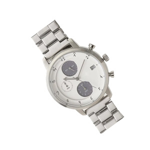 Montre à quartz de style chronographe minimaliste, cadran blanc, sous-cadrans bleu marine, fenêtre de date, bracelet en acier inoxydable argenté, montre-bracelet pour homme - Product Image 4
