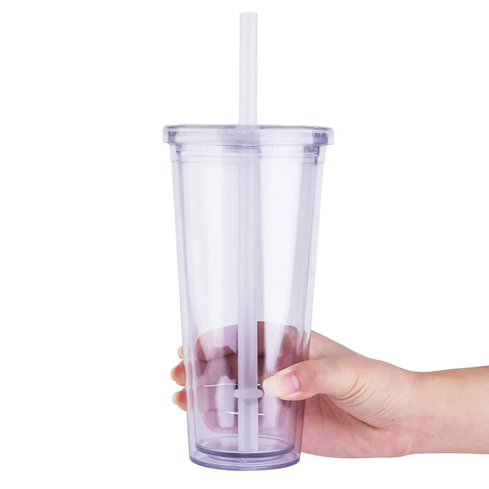 Yeniden kullanılabilir çift duvar şeffaf akrilik pipetli bardak ve kapak, 24oz çift duvar plastik yalıtımlı Smoothie içecek makinesi kupası