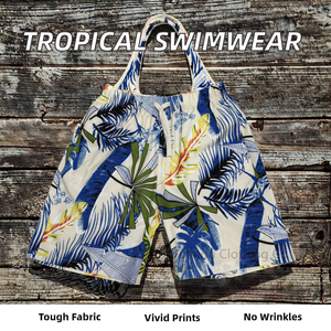 Shorts de bain pour hommes personnalisés, imprimés tropicaux, taille mi-haute, avec cordon de serrage, en tissu tissé, style designer - Product Image 2
