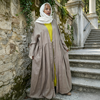 Abaya ouverte en lin naturel de qualité supérieure, ensemble 2 pièces, robe intérieure plissée jaune unie à nouer soi-même, tenue décontractée et modeste pour femme musulmane, personnalisable