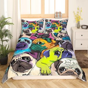 Funda de edredón Pug, juego de cama encantador para perros Pug, funda de edredón de Pugs coloridos para niños, animales de mascotas de dibujos animados, decoración suave y transpirable para niños - Product Image 1