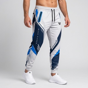 Pantalon de jogging sportif pour homme, blanc et bleu, imprimé par sublimation, taille élastique avec cordon de serrage, logo Move Higher sur la jambe droite, respirant - Product Image 1