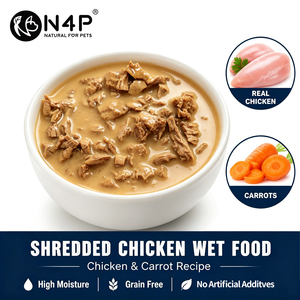 N4P <span class=keywords><strong>Cibo</strong></span> <span class=keywords><strong>Umido</strong></span> <span class=keywords><strong>per</strong></span> <span class=keywords><strong>Cani</strong></span> e Gatti, Pollo Sfilacciato e Carota, 78% di Umidità, Senza Cereali, <span class=keywords><strong>per</strong></span> Tutte le Fasi della Vita, Produttore OEM di Alimenti Umidi <span class=keywords><strong>per</strong></span> Animali - Product Image 1