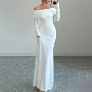 Abito da sera elegante da donna, lungo fino al pavimento, monospalla, con drappeggio, vestibilità slim, in poliestere ecologico, senza schienale, per l'autunno - Product Image 1