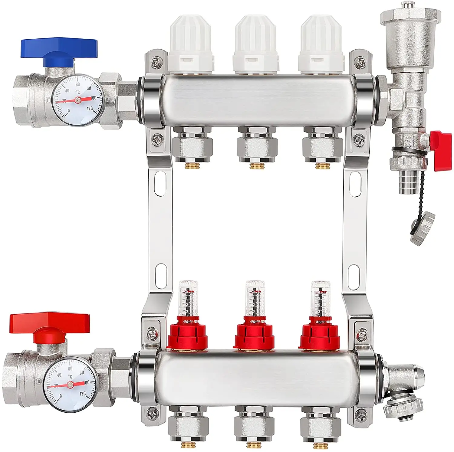 Conjunto de aquecimento de piso radiante, 3 galhos, manômetro pex, conjunto de 3 laços, 1/2 polegadas, aço inoxidável, tubo pex para aquecimento de piso hidratônico