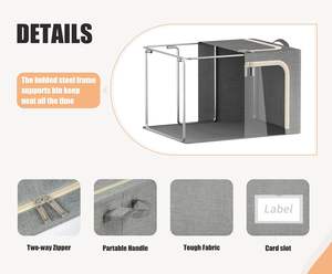 Cubo de almacenamiento plegable gris claro de 40L, cremalleras de ventana transparentes, asas duraderas, 3 aberturas, marco de <span class=keywords><strong>Metal</strong></span>, contenedores de almacenamiento de ropa 3 - Product Image 4