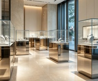 Vitrine sur pied en acier inoxydable miroir pour bijouterie haut de gamme, présentoir en verre pour bijoux de luxe