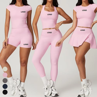 Ensemble de sport 5 pièces pour femme : soutien-gorge de sport réversible taille haute, jupe, t-shirt d'entraînement, leggings de yoga, short cycliste – Idéal pour la gym et le fitness